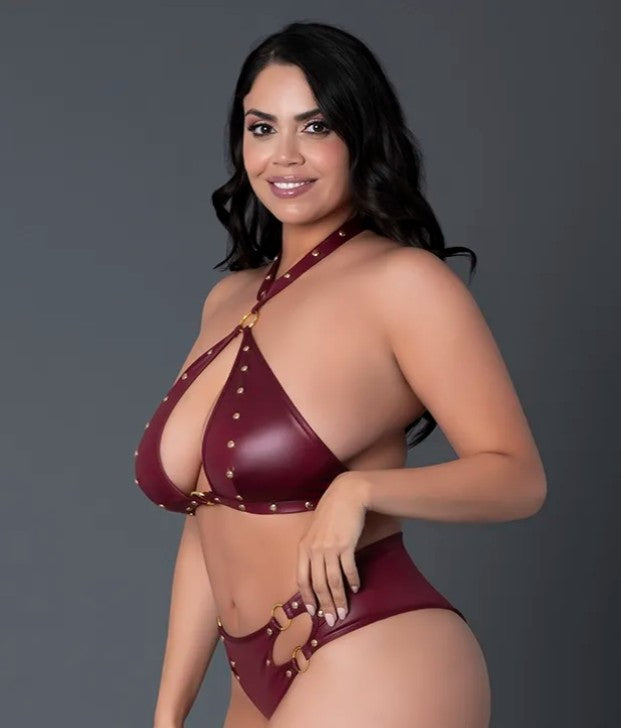 Leather Keyhole Bra & Cutout Shorts Set in Burgundy, Queen O/S