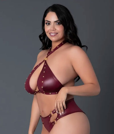 Leather Keyhole Bra & Cutout Shorts Set in Burgundy, Queen O/S