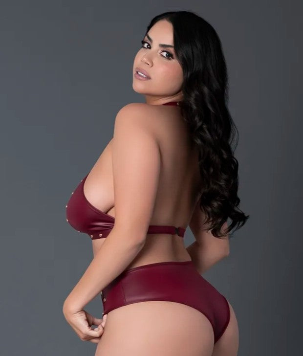 Leather Keyhole Bra & Cutout Shorts Set in Burgundy, Queen O/S