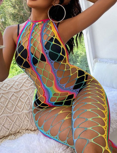 Rainbow Fishnet Halter Neck Cutout Bodystocking in L/XL