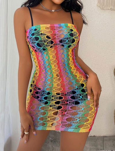 Rainbow Fishnet Off-The-Shoulder Tube Dress Bodystocking in S/M