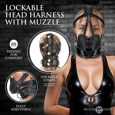 Master Series Vegan Leather Lockable Head Harness w/Muzzle