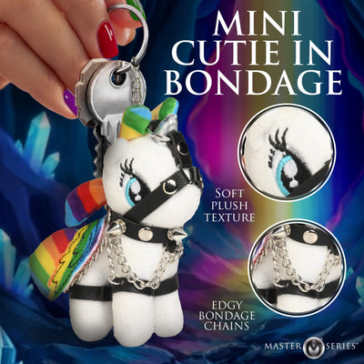 BDSM inspired unicorn keychain, Mini Cutie In Bondage Keychain, Soft Plus Texture, Edgy Bondage Chains