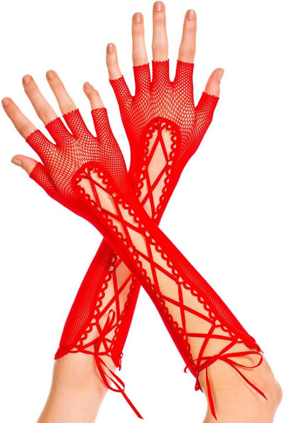 Lace Up Fishnet Elbow Length Fingerless Gloves, Red, One Size