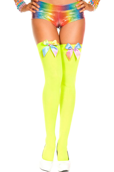 Rainbow Satin Bow Thigh High Stockings, Neon Green, O/S