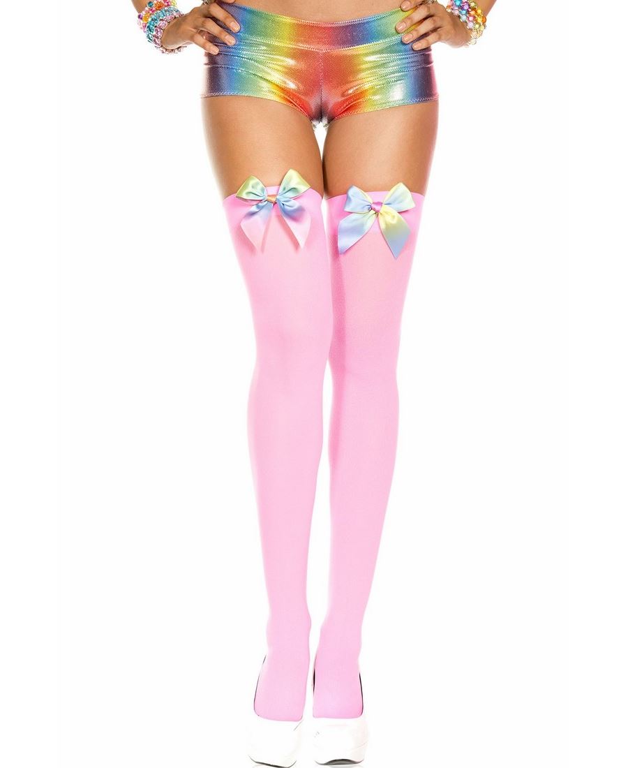 Rainbow Satin Bow Thigh High Stockings, Neon Pink, O/S