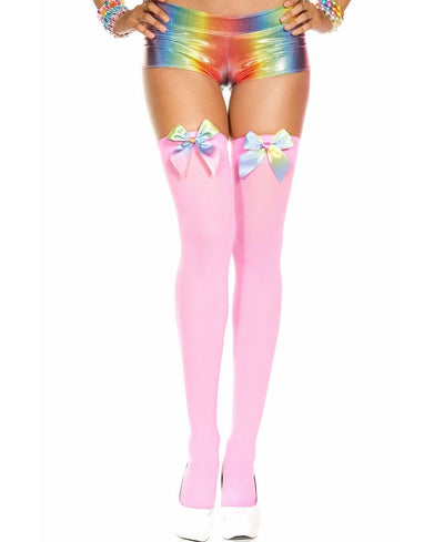 Rainbow Satin Bow Thigh High Stockings, Neon Pink, O/S