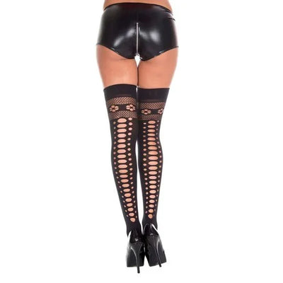 Flower and Oval Cut Out Pattern Thigh Highs, Black, One Size