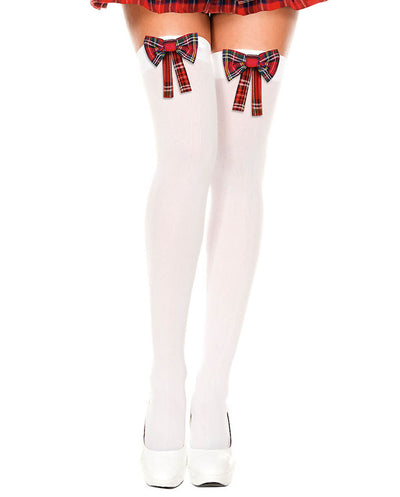 Plaid Bow Thigh High Stockings, White, O/S