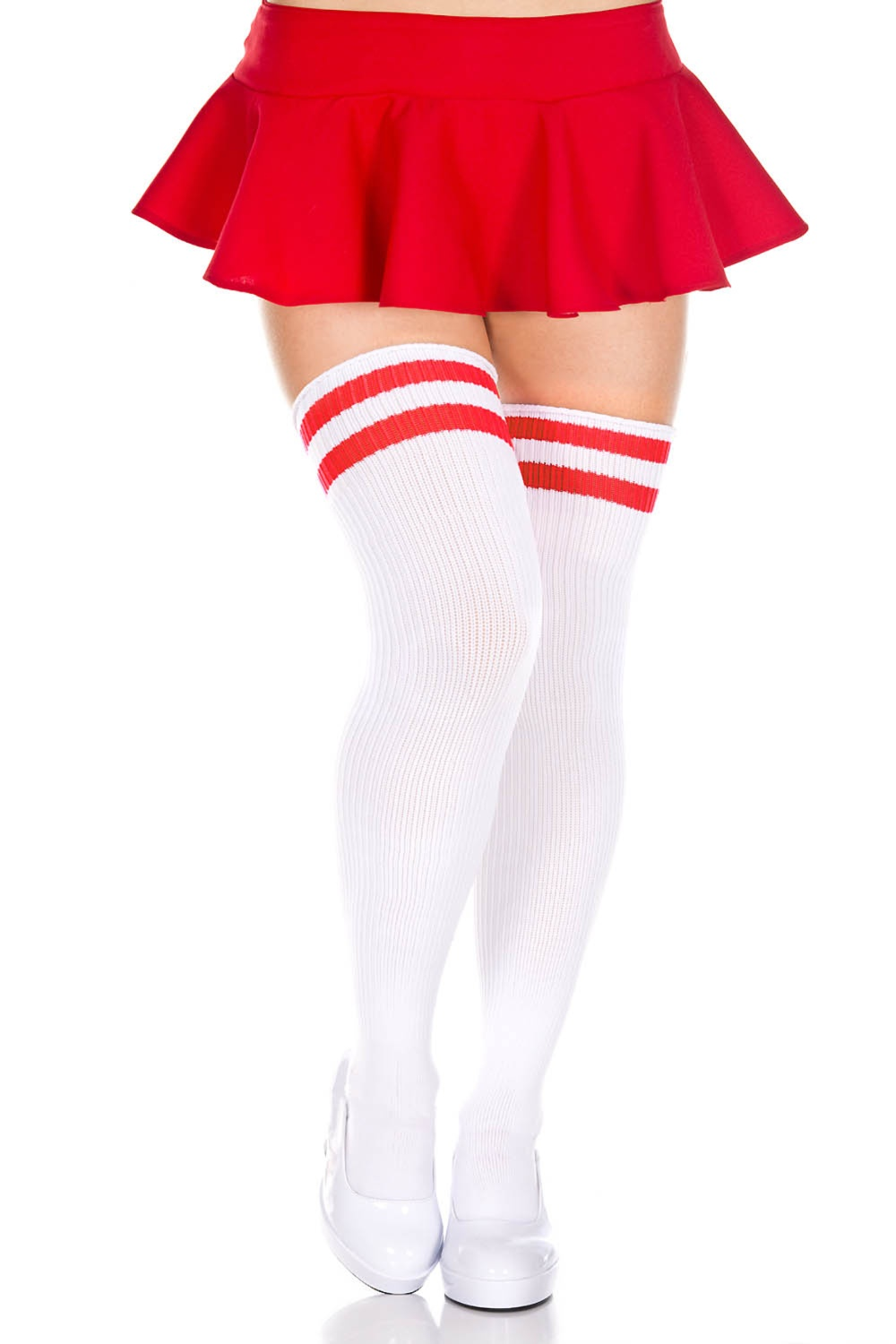 Striped Top Athlete Thigh High Stockings, White/Red, Queen O/S