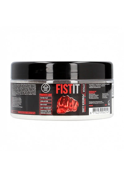 A jar of FISTIT Powder Lube, featuring a black lid and a black label with red and white text and graphics.