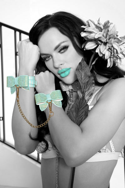Ouch! Paris Iridescent Teal Bow Handcuffs