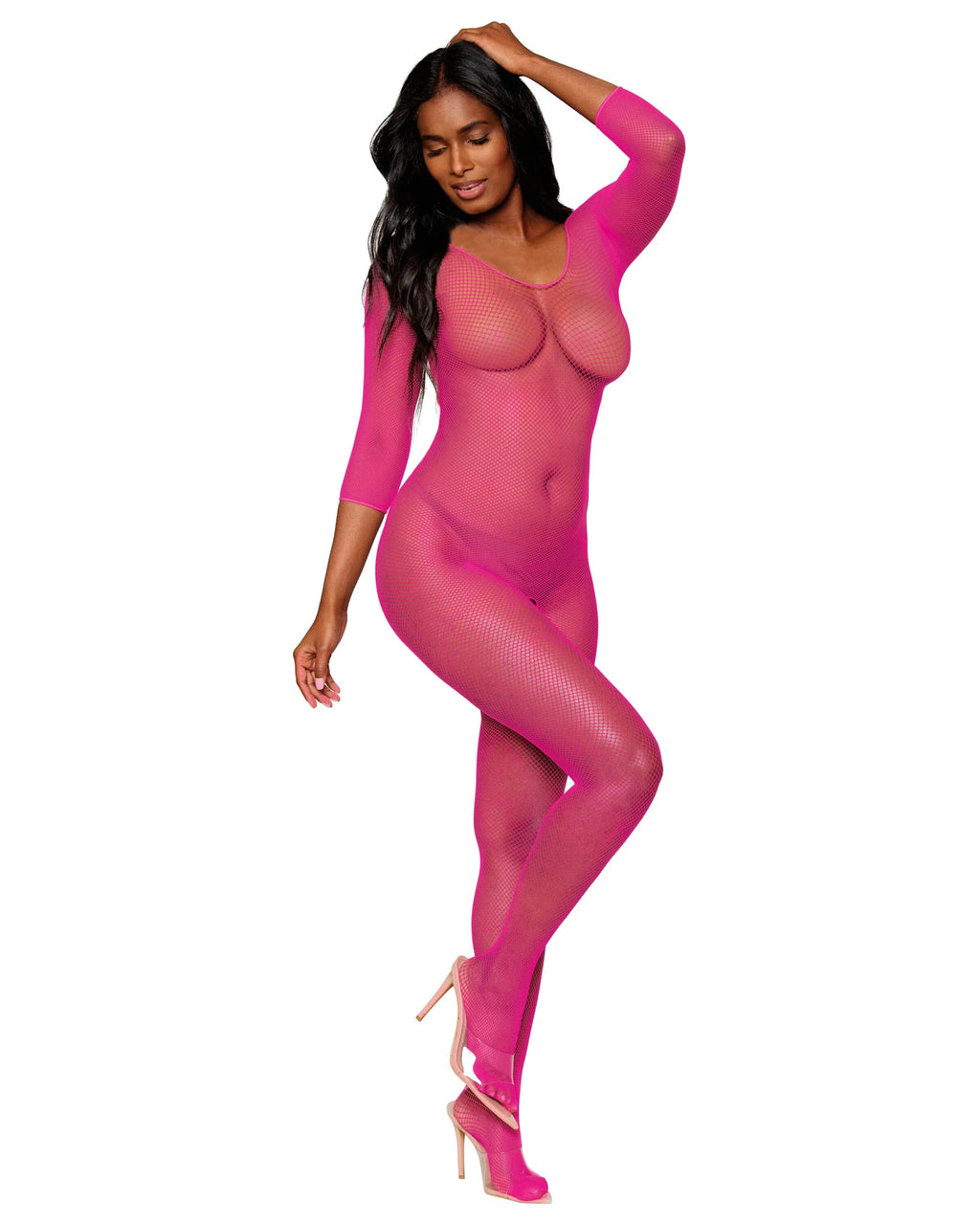 Fishnet Long Sleeved Open Crotch Bodystocking, Neon Pink, One Size