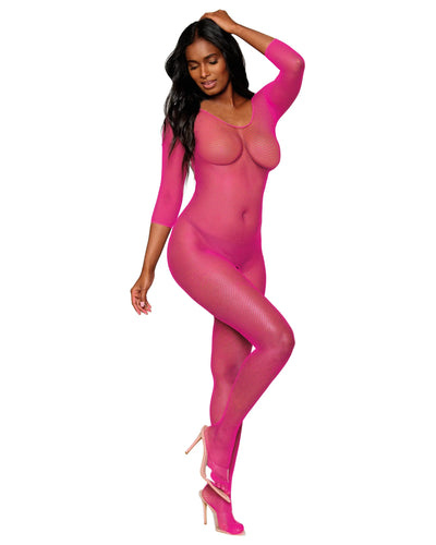 Fishnet Long Sleeved Open Crotch Bodystocking, Neon Pink, One Size