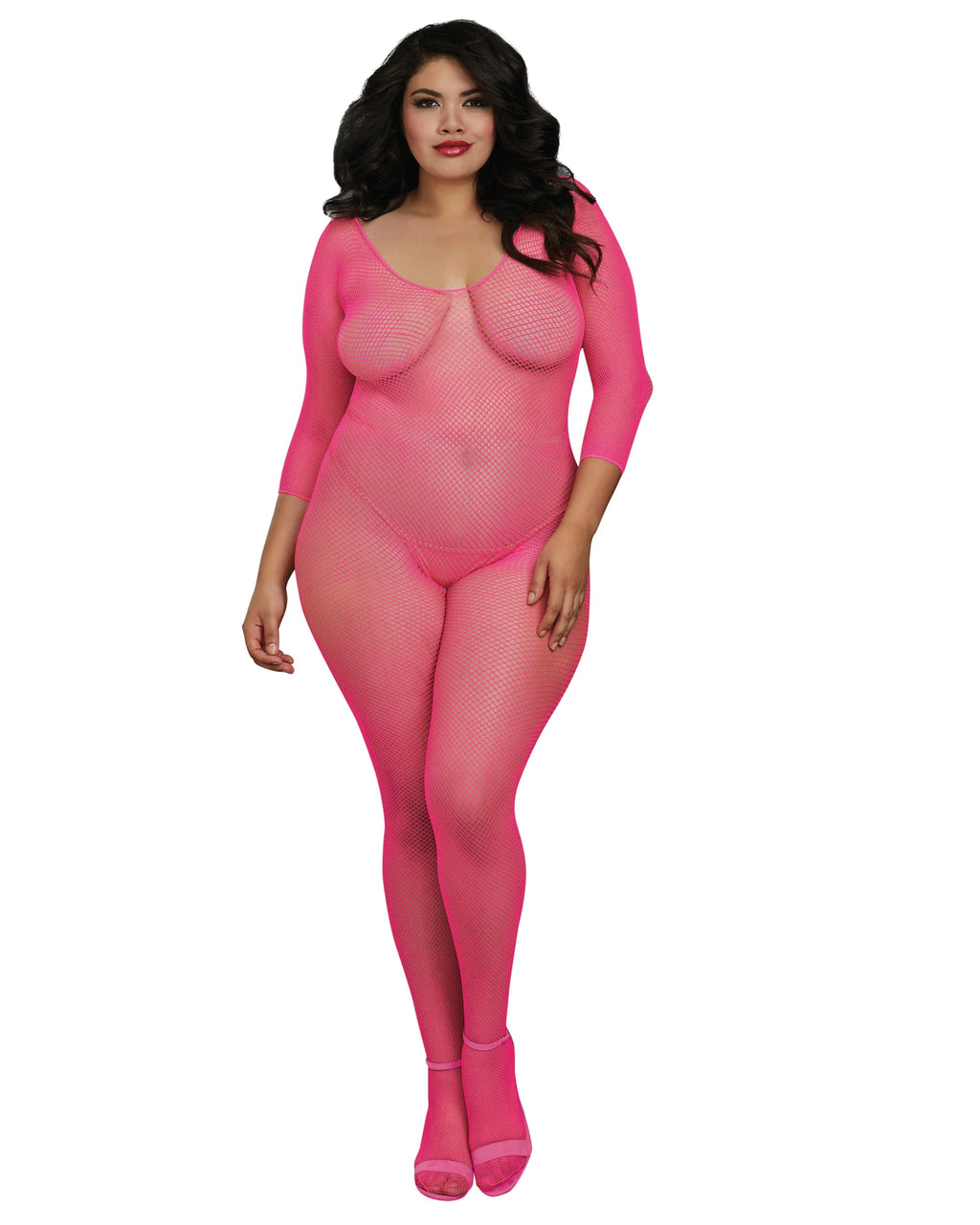 Fishnet Long Sleeved Open Crotch Bodystocking, Neon Pink, Queen O/S