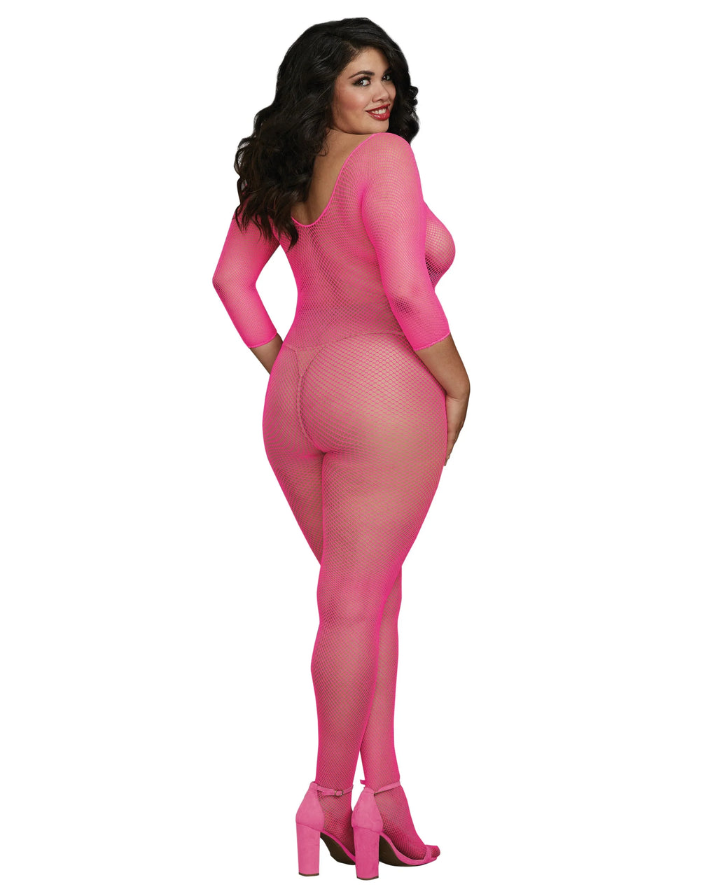 Fishnet Long Sleeved Open Crotch Bodystocking, Neon Pink, Queen O/S