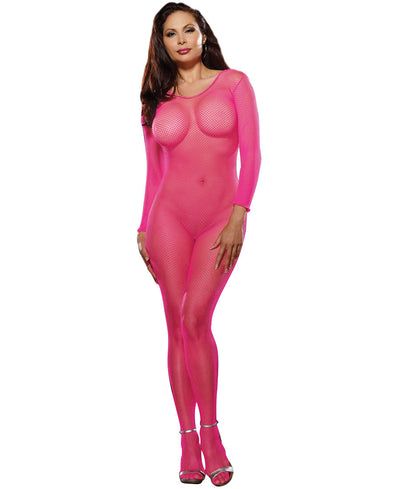 Fishnet Long Sleeved Open Crotch Bodystocking, Neon Pink, Queen O/S