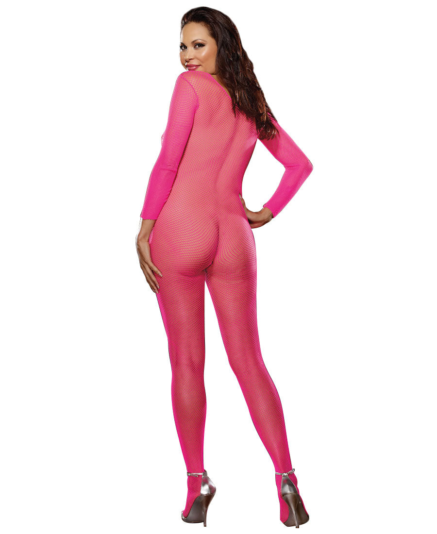Fishnet Long Sleeved Open Crotch Bodystocking, Neon Pink, Queen O/S