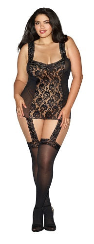 Rose Lace Gartered Bodystocking, Black, Queen O/S