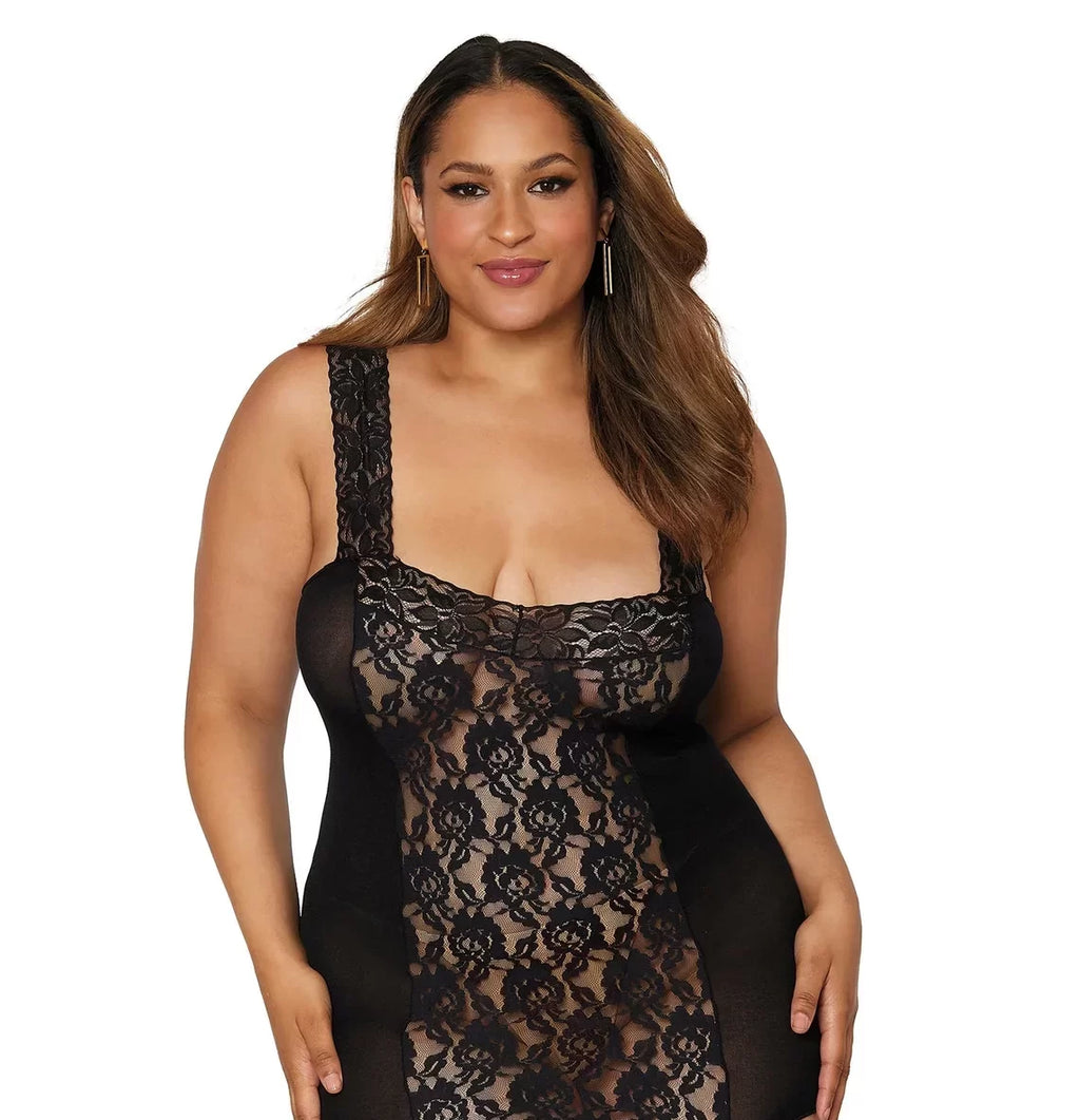 Rose Lace Gartered Bodystocking, Black, Queen O/S