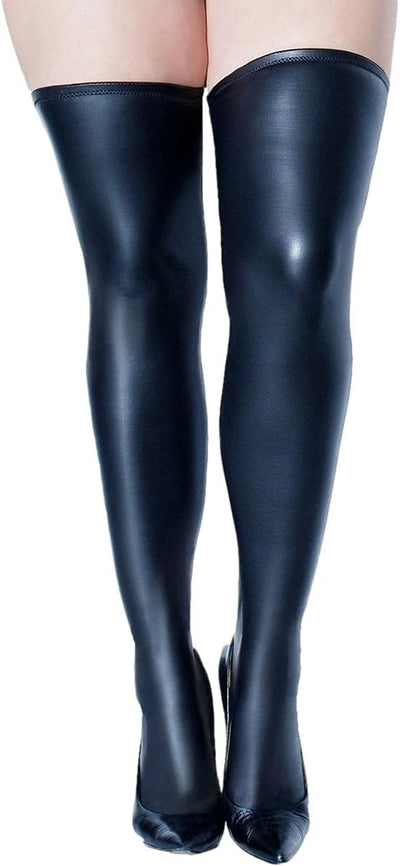 Black Thigh High Wet Look Say Up Stockings One Size