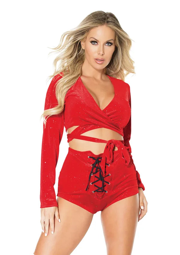 Red Sparkle Velvet Lace-Up Shorts One Size