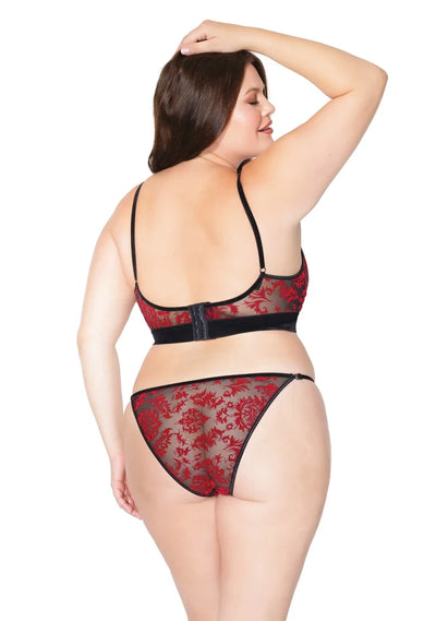 Red and Black Velvet Damask Bra and Panty Set Queen O/S