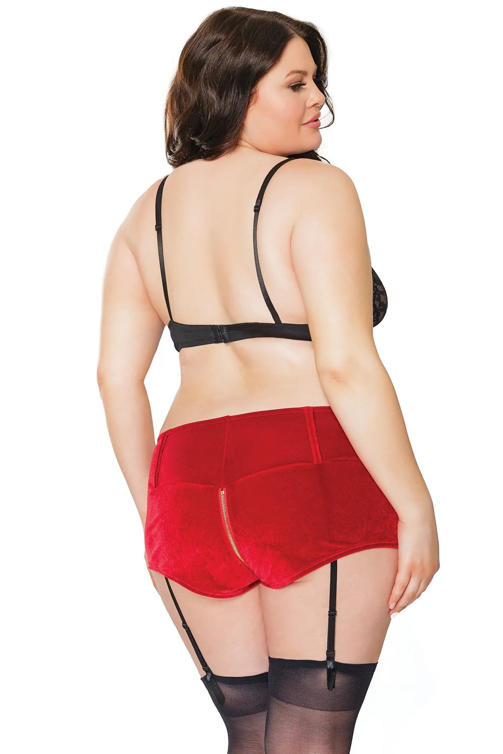 Red Velvet Zipper Booty Shorts with Garter Queen O/S