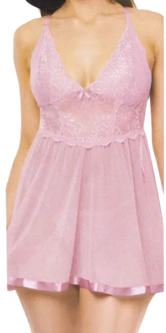 Lace and Mesh Babydoll, Pink, Large