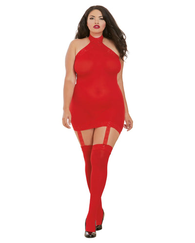 Sheer Garter Bodystocking with Thigh High, Red, Queen O/S