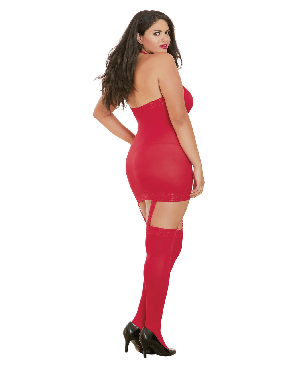 Sheer Garter Bodystocking with Thigh High, Red, Queen O/S