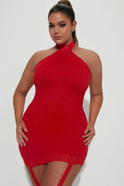 Sheer Garter Bodystocking with Thigh High, Red, Queen O/S