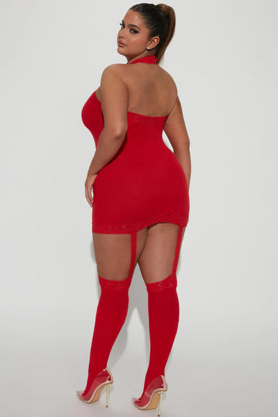 Sheer Garter Bodystocking with Thigh High, Red, Queen O/S