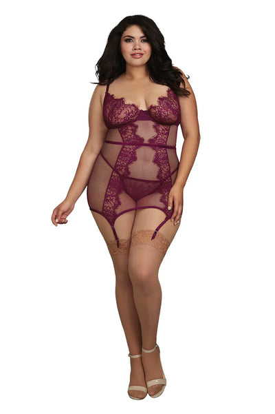 Fishnet & Eyelash Lace Garter Slip and G-String, Wine, Queen O/S