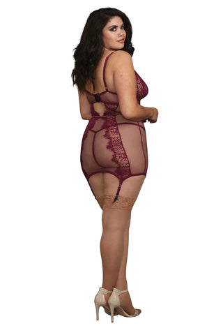 Fishnet & Eyelash Lace Garter Slip and G-String, Wine, Queen O/S