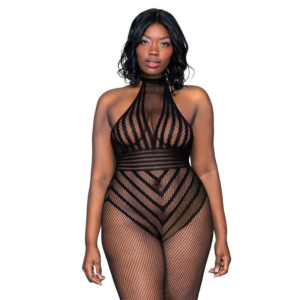 Open Crotch Fishnet Bodystocking, Black, Queen O/S