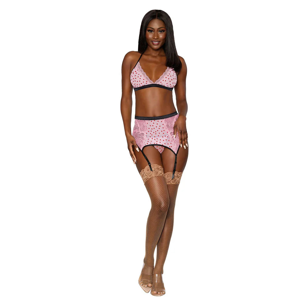 Flocked Heart Mesh & Lace 3 Piece Set, Pink, One Size