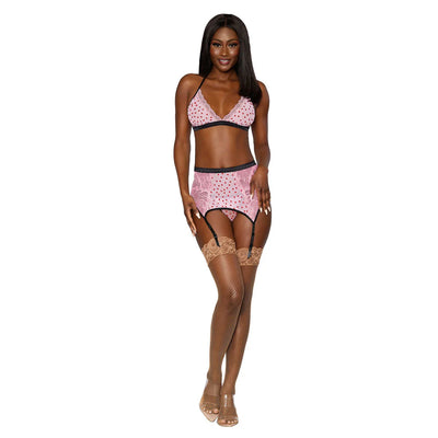 Flocked Heart Mesh & Lace 3 Piece Set, Pink, One Size