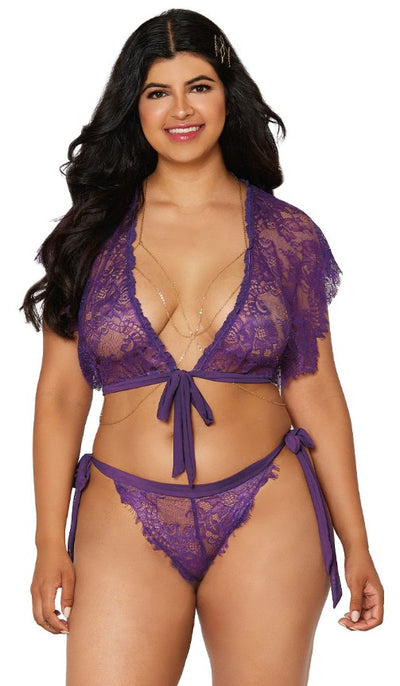 Opulent Eyelash Lace Crop Top & Panty, Aubergine, Queen O/S