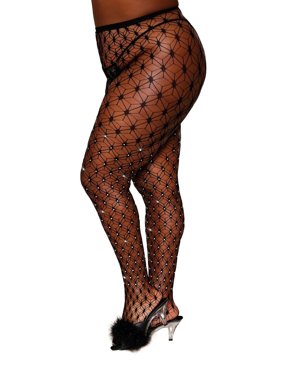 Geometric Star Net Pantyhose with Rhinestones, Black, Queen O/S