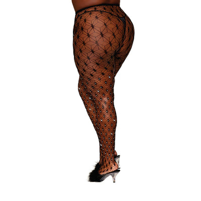Geometric Fence Net Pantyhose with Rhinestones, Black, Queen O/S