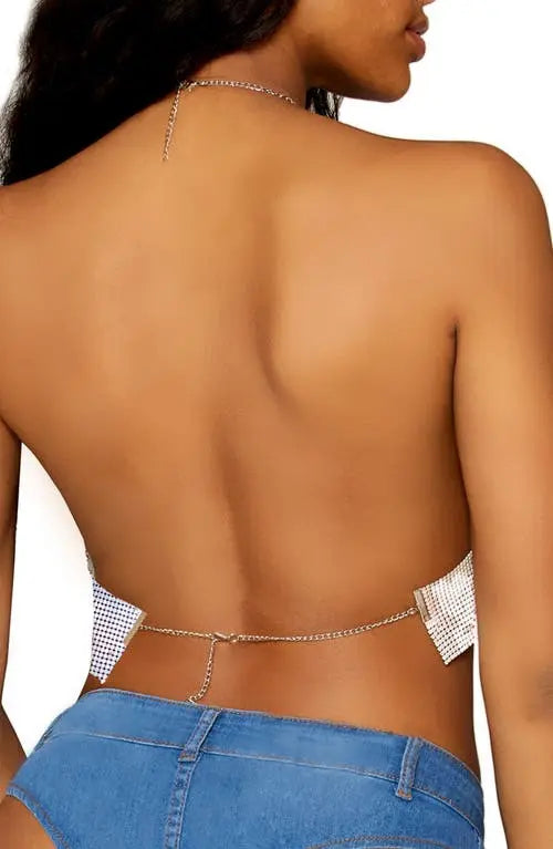 Iridescent Pink Chainmail Halter Bralette, Rose Quartz, L/XL