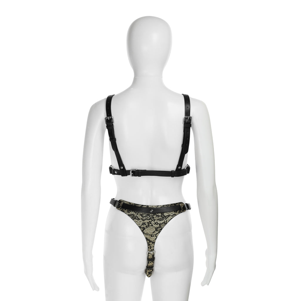 Black Vegan Leather & Lace 2-Piece Body Harness with Zippers by Fetish Pleasure Play