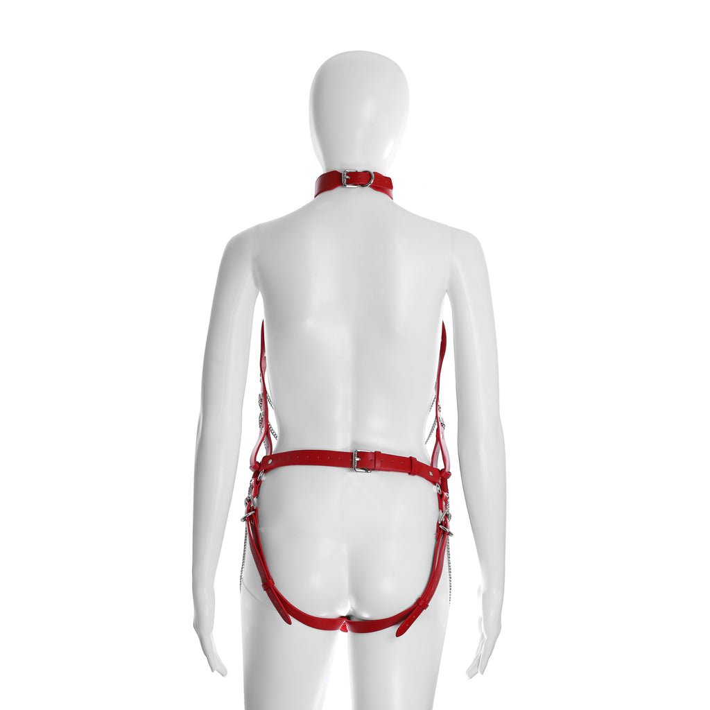 Full Body Harness with Silver Chains in Red PU Leather by Fetish Pleasure Play - One Size