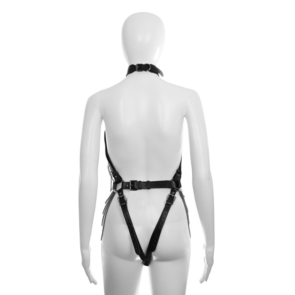Soft PU Leather Body Harness in Black with Gunmetal Chains by Fetish Pleasure Play - One Size