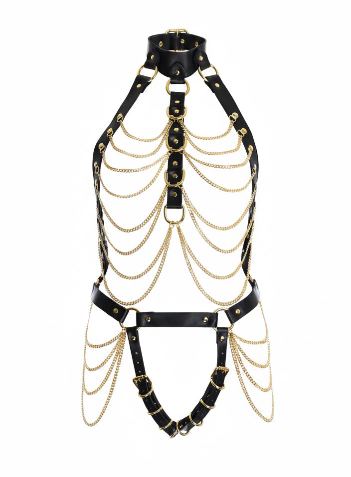 Soft PU Leather Body Harness in Black with Gold Chains by Fetish Pleasure Play - One Size