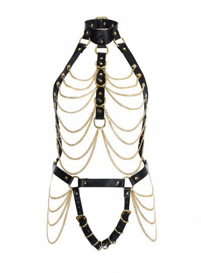 Soft PU Leather Body Harness in Black with Gold Chains by Fetish Pleasure Play - One Size