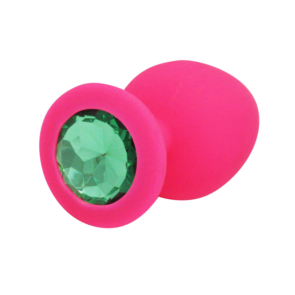 Fetish Pleasure Play Large Pink Silicone Green Jewel Butt Plug