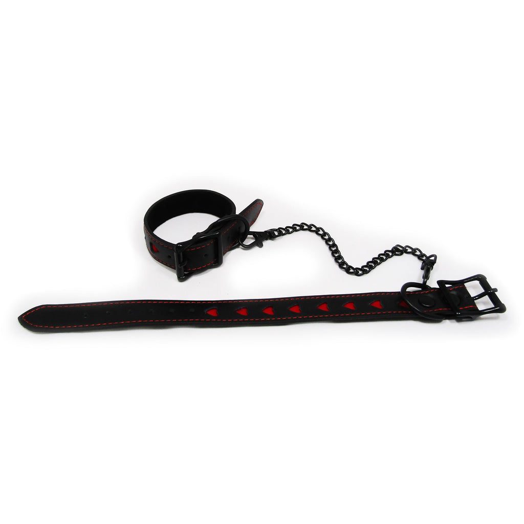 Fetish Pleasure Play Red Hearts Leather Narrow Wrist Cuffs