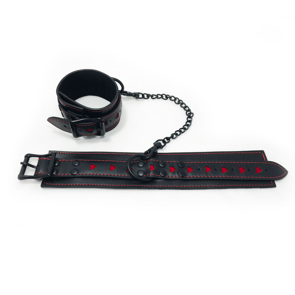Fetish Pleasure Play Red Hearts Leather Wide Wrist Cuffs